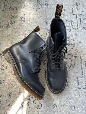 Dr. Martens Black Leather 8-Eye Boots with Yellow Stitching